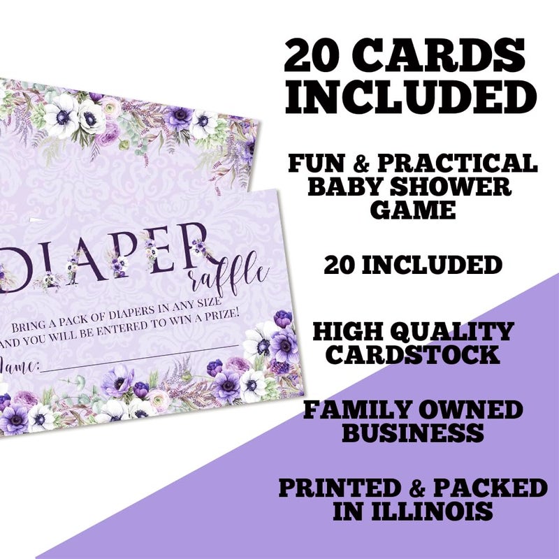 Amanda Creation Watercolor Violet Floral Diaper Raffle Tickets for Baby Showers, 20 2" X 3â€ Double Sided Insert Cards for Games by AmandaCreation, Bring a Pack of Diapers to Win Favors & Prizes! - Image 2
